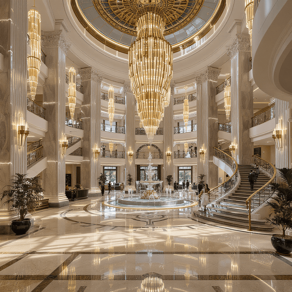 AI generated: Ultra-wide hyper-realistic shot of a grand hotel lobby designed by an expert interior designer, feat...
