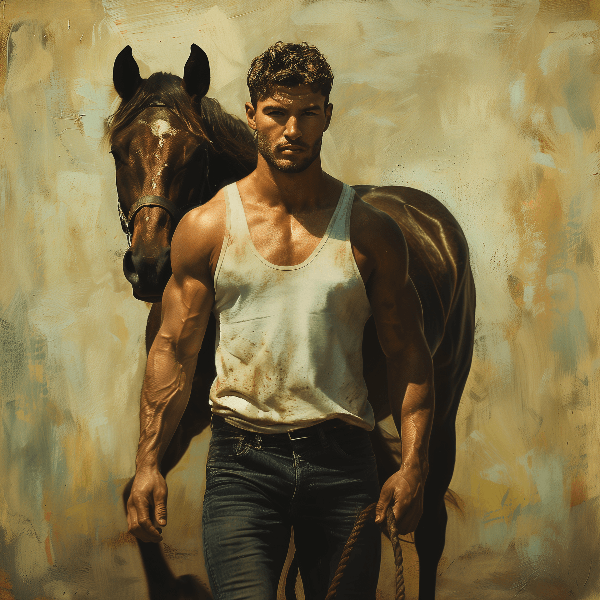 AI generated: A muscular man in a white tank top and jeans leading a horse, movie still. The image is in the style...