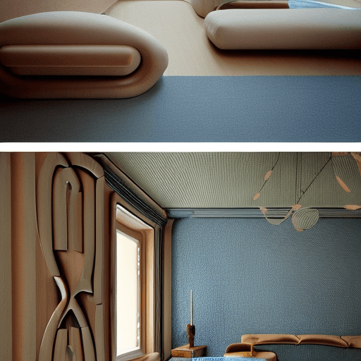 AI generated: High resolution photography interior design, dreamy sunken living room conversation pit, wooden floo...