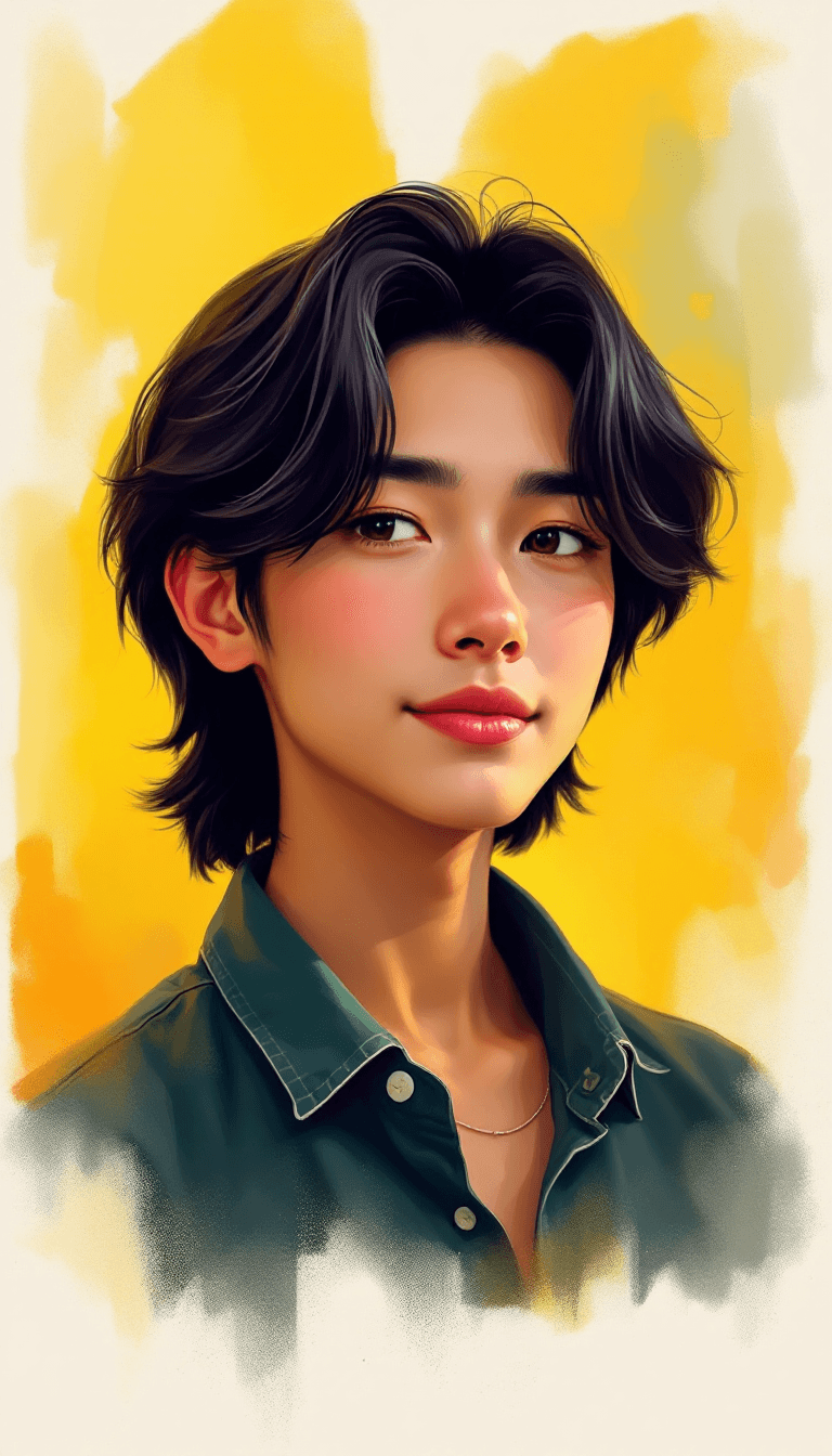 AI generated: 

"Create a portrait of a young person with medium-length, slightly wavy black hair, styled casually...