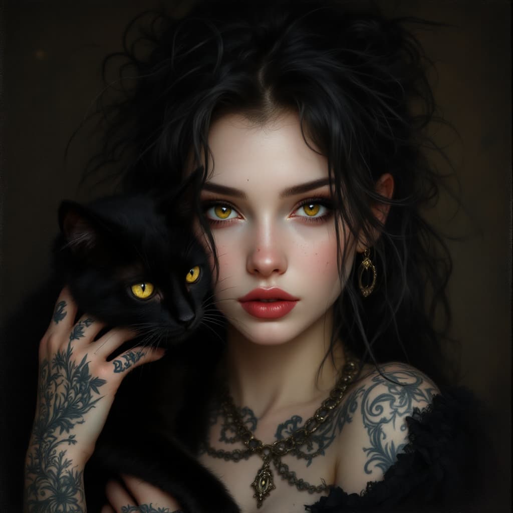 AI generated: Midjourney Prompt: A beautiful girl with a black cat. A full-body portrait, with tattoos and piercin...