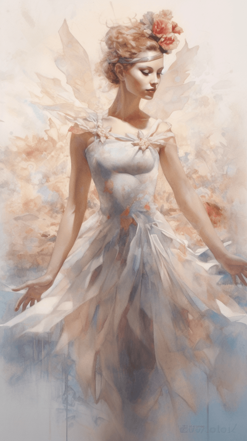 AI generated: Award-winning watercolor painting on paper, portrait of a graceful ballerina, High Angle View, profe...