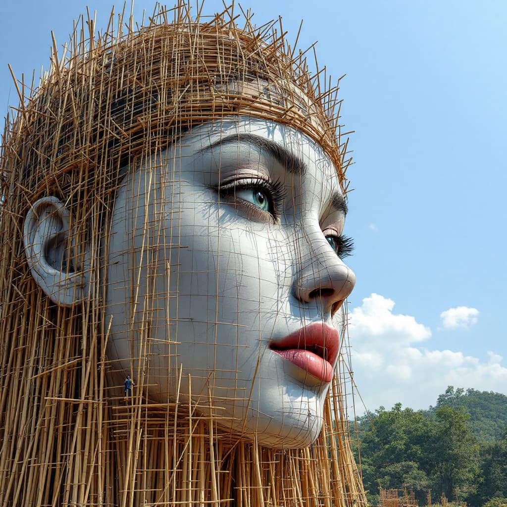 AI generated: a 30 storey woman's face construction is going on. extremely good looking woman. realistic image. th...