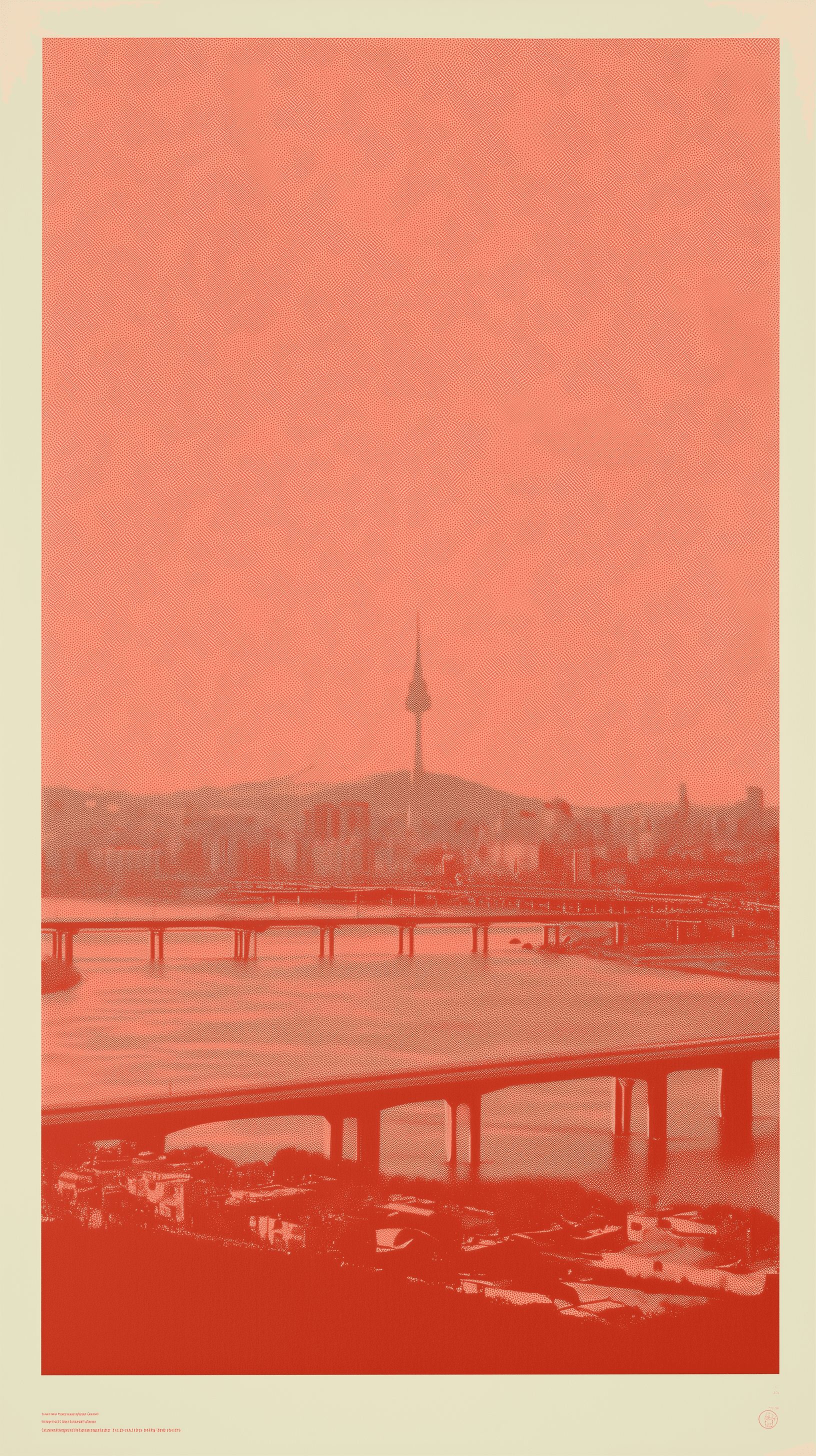 AI generated: duotone poster, seoul Han river with Namsan Tower from afar, duotone brick red and cream, bold geome...