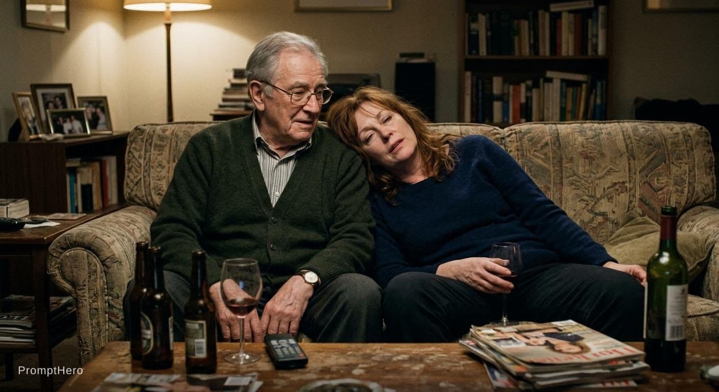 AI generated: old man and  drunk woman sitting on the couch 