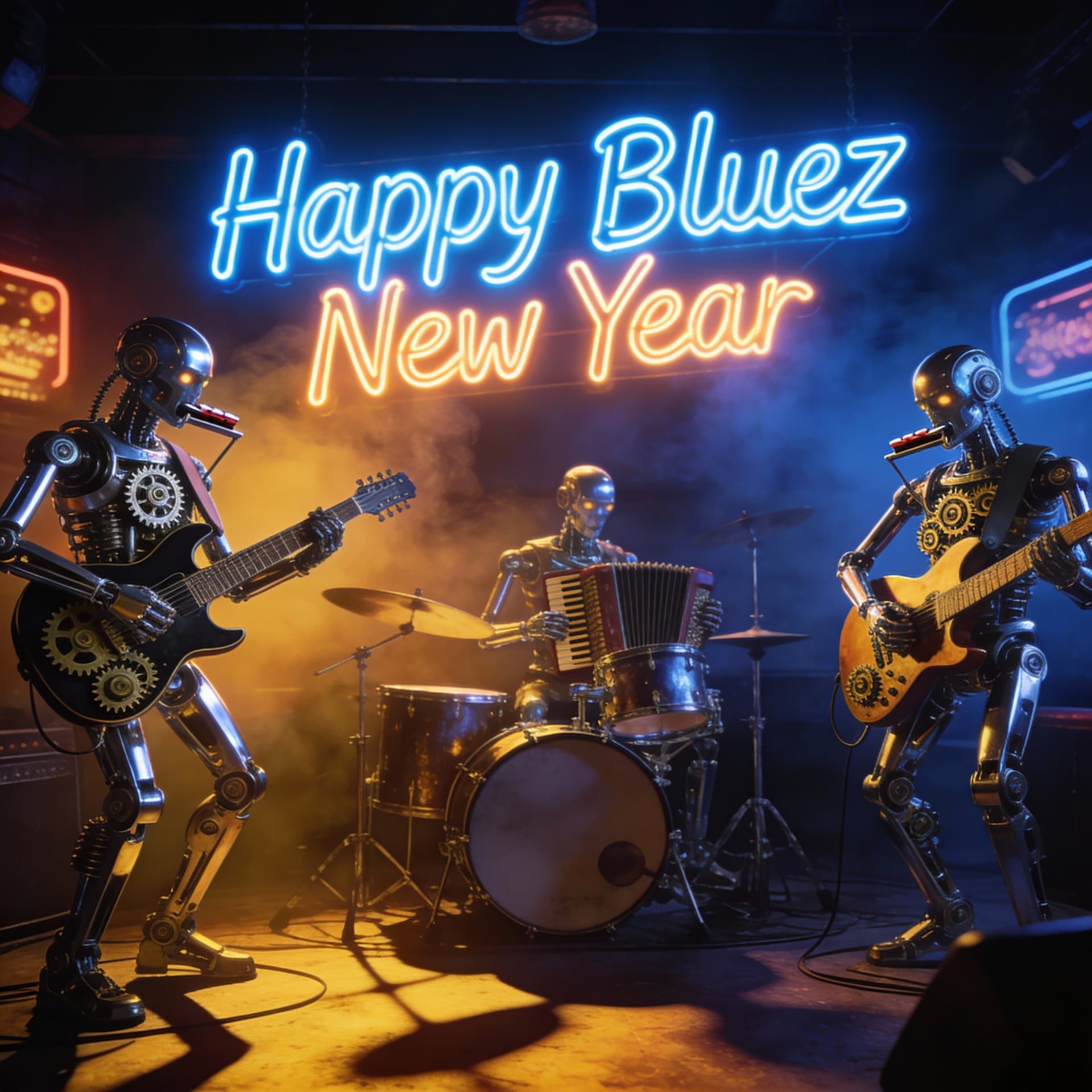AI generated: A vibrant, high-detail image of a futuristic mechanical blues band, featuring humanoid robots with p...