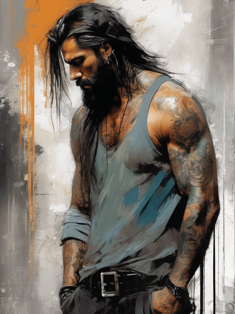 AI generated: half body portrait of a gangster, badass, long hair, beard, tattoo, rainy, modern, brush strokes, mu...