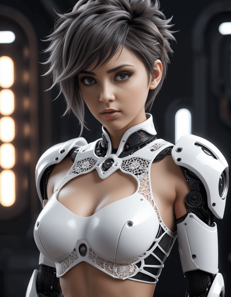 AI generated: nsfw, octane 3d render, beautiful female robot, upper body view, intricate white lacy detail, sci-fi...