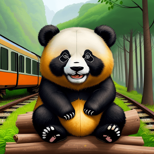 AI generated: Draw a panda baer sitting on a rotten wooden log, with a happy expression. He is beside a train trac...
