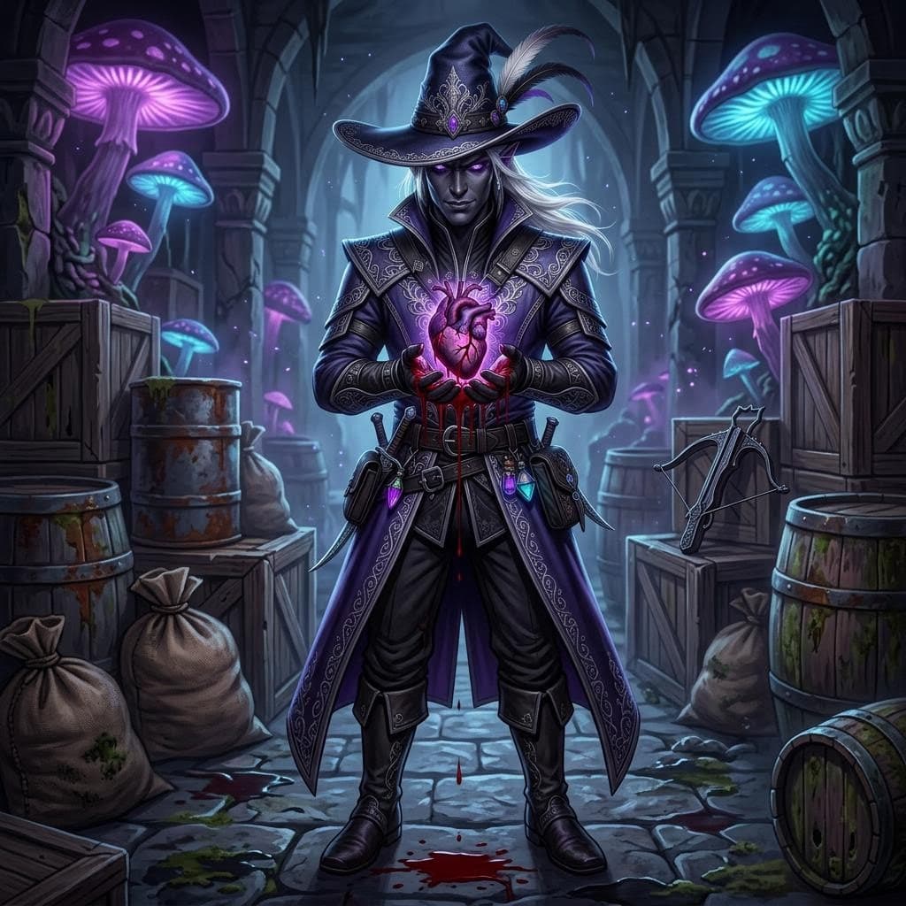 AI generated: a dark elf in a dank medieval warehouse holds in own beating heart in his hands