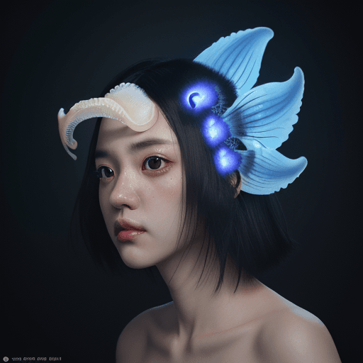 AI generated: Japanese chin dog close-up portrait ribcagel. jellyfish phoenix head, nautilus, orchid, skull, betta...