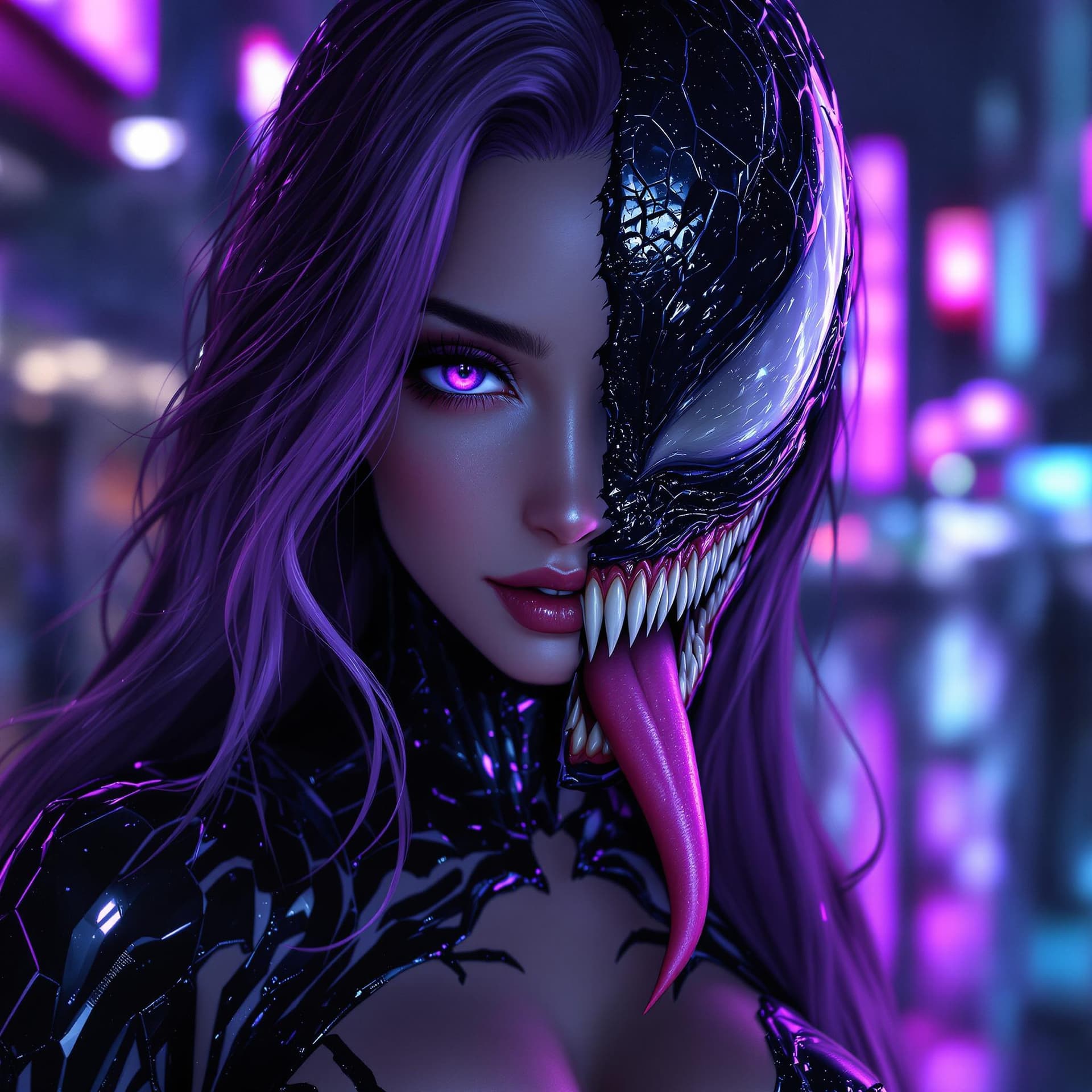 AI generated: A stunning anime-style portrait of a seductive young female character with long, flowing violet-tint...