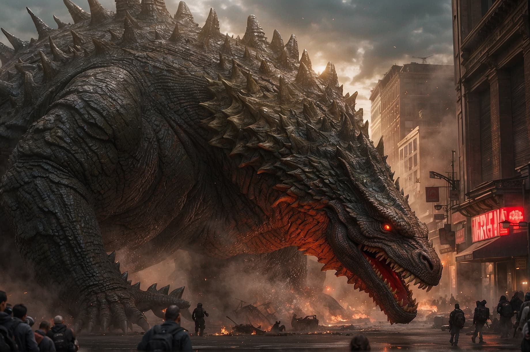 AI generated: A monstrous Godzilla, known for its destructive nature, unleashes chaos upon a bustling city. This v...