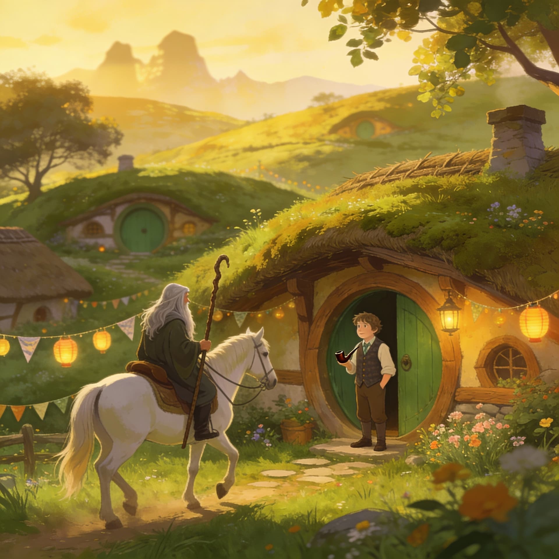 AI generated: a peaceful, idyllic, and pastoral land of hobbits, contrasting sharply with the epic events elsewher...