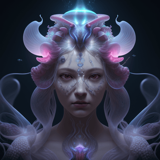 AI generated: Goddess close-up portrait ribcagel. jellyfish phoenix head, nautilus, orchid, skull, betta fish, bio...