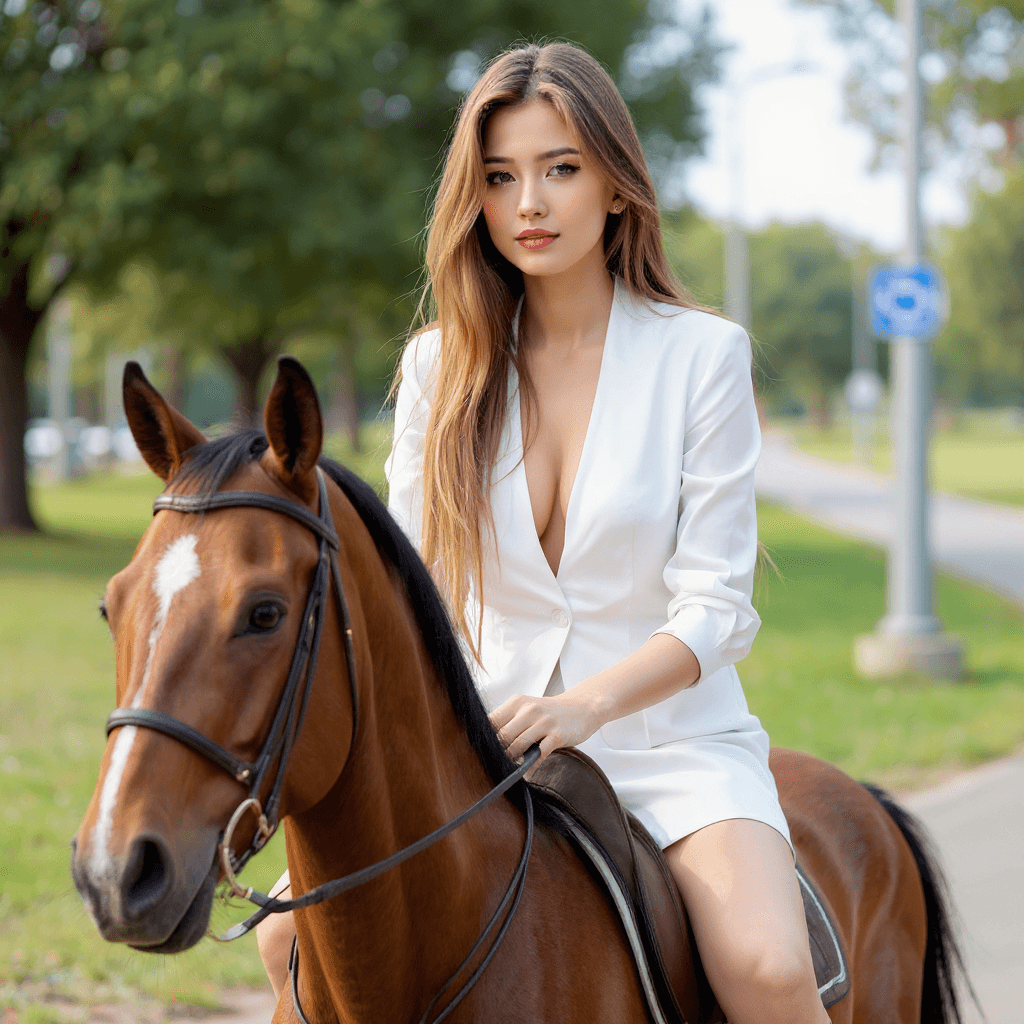 AI generated: generate a viral image of a woman riding a horse with by using the image as an attachment
