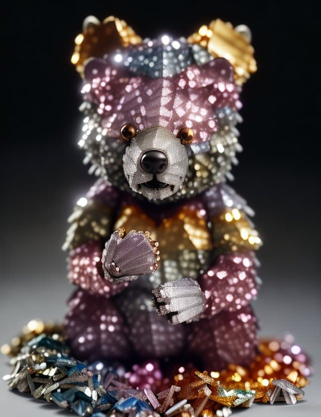 AI generated: a close up of a little bear (made from many colored diamants, gold and silver:1.4), a 3D render by M...