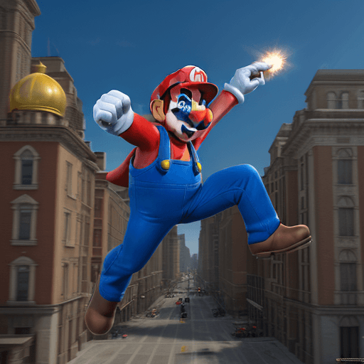 AI generated: Super Mario dressed as a super hero from movie, Redemption, Mario hasblue gloves, red, boots, flying...