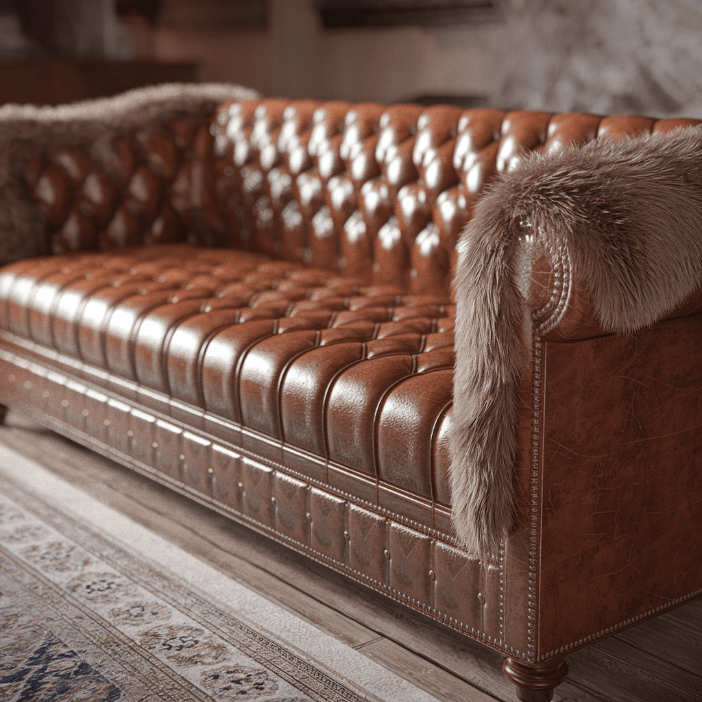AI generated: button tufted leather sofa with bison fur trim close-up portrait, octane render, trending on artstat...