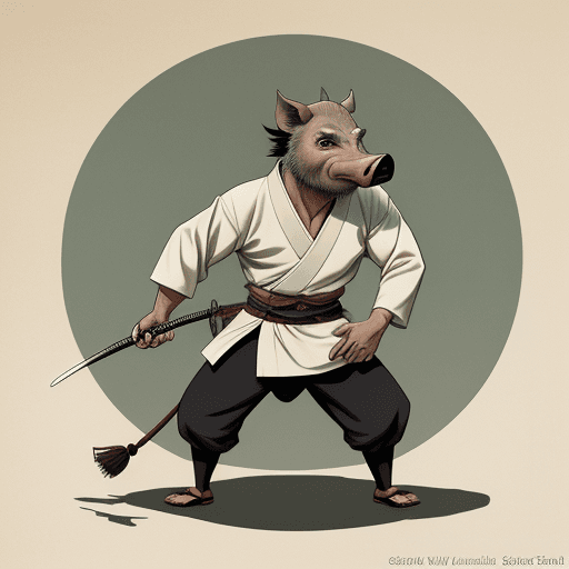AI generated: art work by Stan Sakai, anthropomorphic WILD PIG samurai, young male
