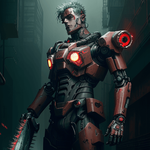 AI generated: Dark_Fantasy,Cyberpunk,(chain saw,chain saw man,Red:1.1),1man,Mechanical marvel,Robotic presence,Cyb...
