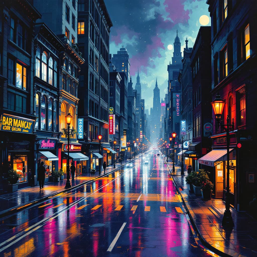 AI generated: a city street with the buildings set up like a pinball machine bumpers and the ball rebounding