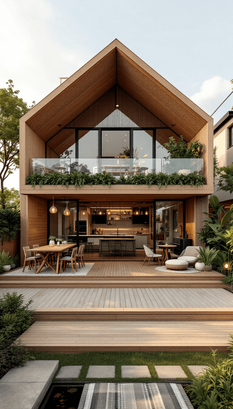 AI generated: A wide-angle shot of a two-story modern cottage house, with the second floor stretching across in wi...