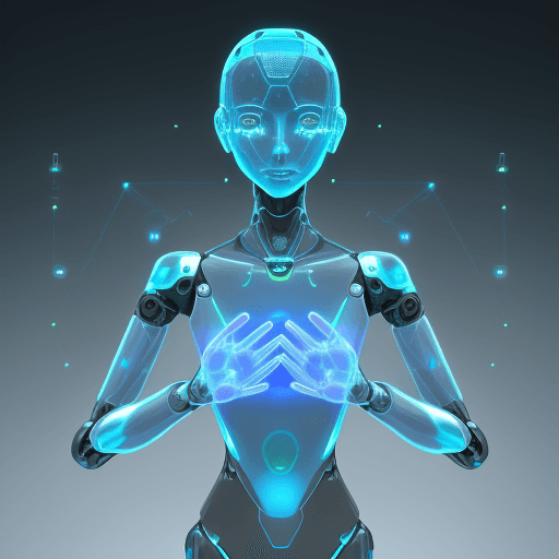 AI generated: humanoid robot, powered by AI, will have a semi-transparent, morphing material body, showcasing holo...