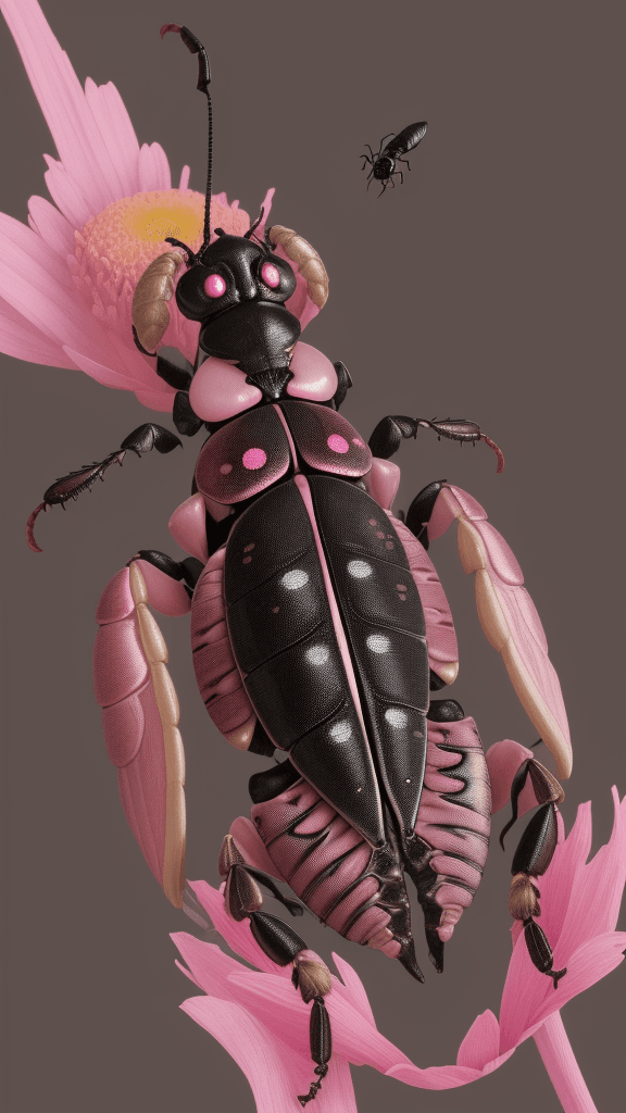 AI generated: floral beetle wearing a (long:1.2) pink (scarf:1.3), a beetle with arms and a head, (dark shot:1.17)...