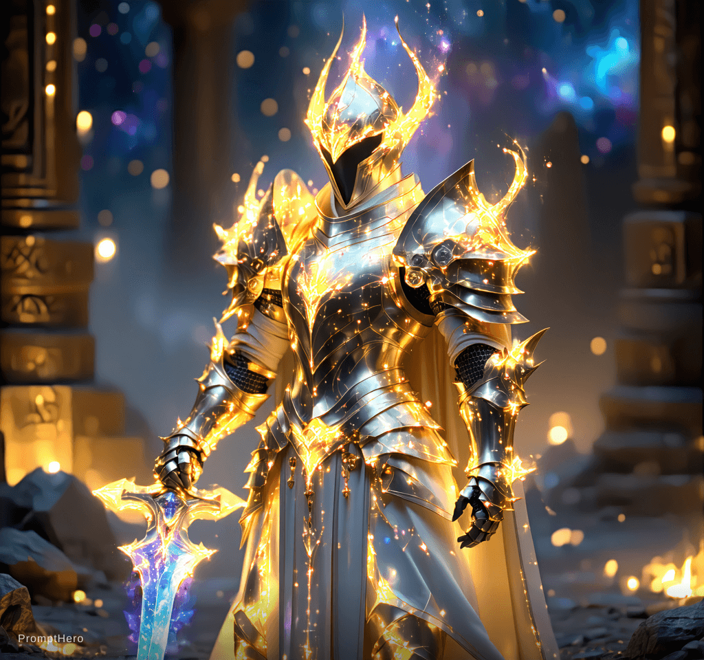 AI generated: A majestic celestial plasma knight in glowing golden armor, standing in a cosmic setting with galaxi...