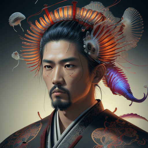 AI generated: masterpiece Samurai wearing mexican clothes, close-up portrait ribcagel. jellyfish phoenix head, nau...