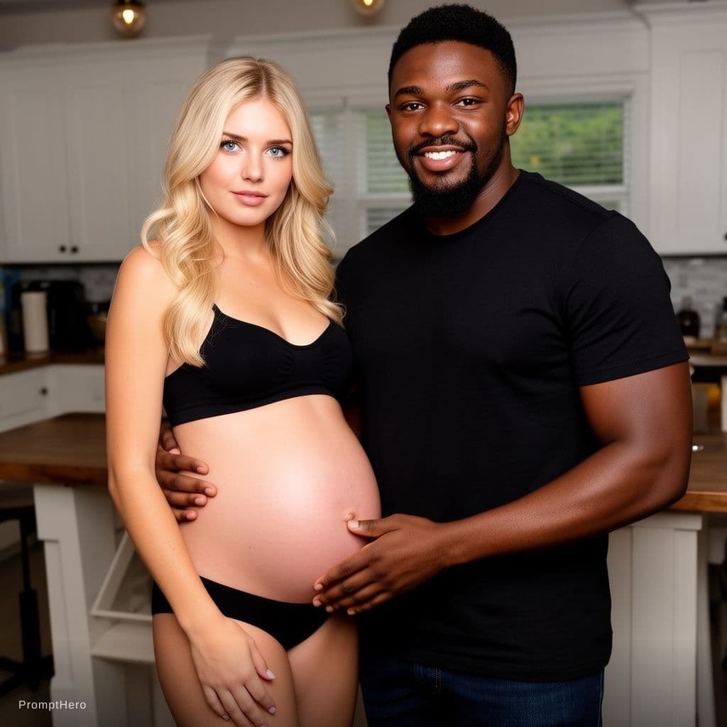 AI generated: hot blonde in pregnant belly with blue eyes in underwear with black guy