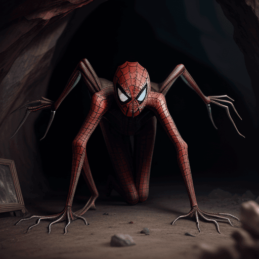 AI generated: haunting creature that looks like a spider, costume spiderman,full body, reddish eyes, the backgroun...