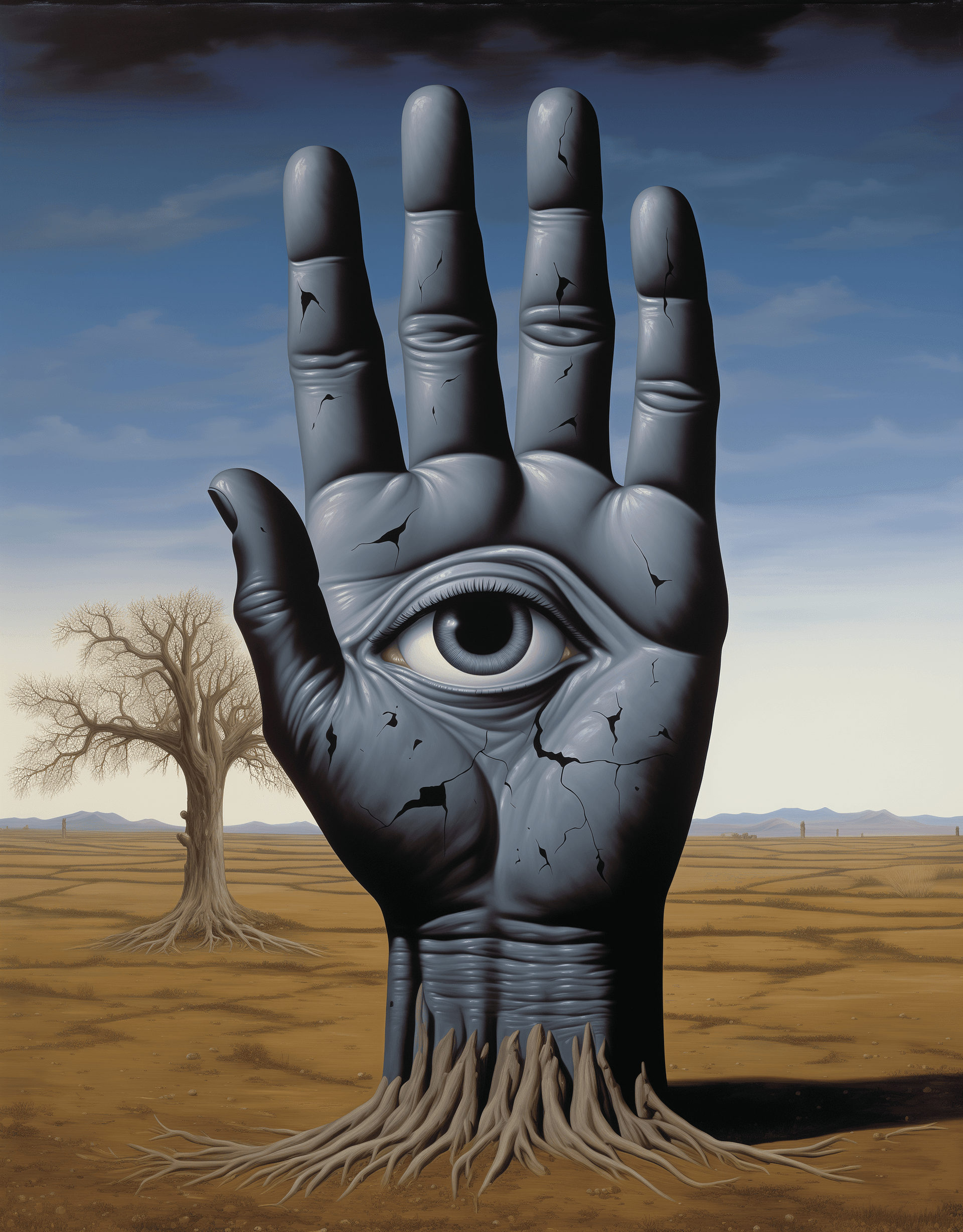 AI generated:  black hand with an eye in the palm, reaching out from behind trees in the style of "Rene Magritte",...