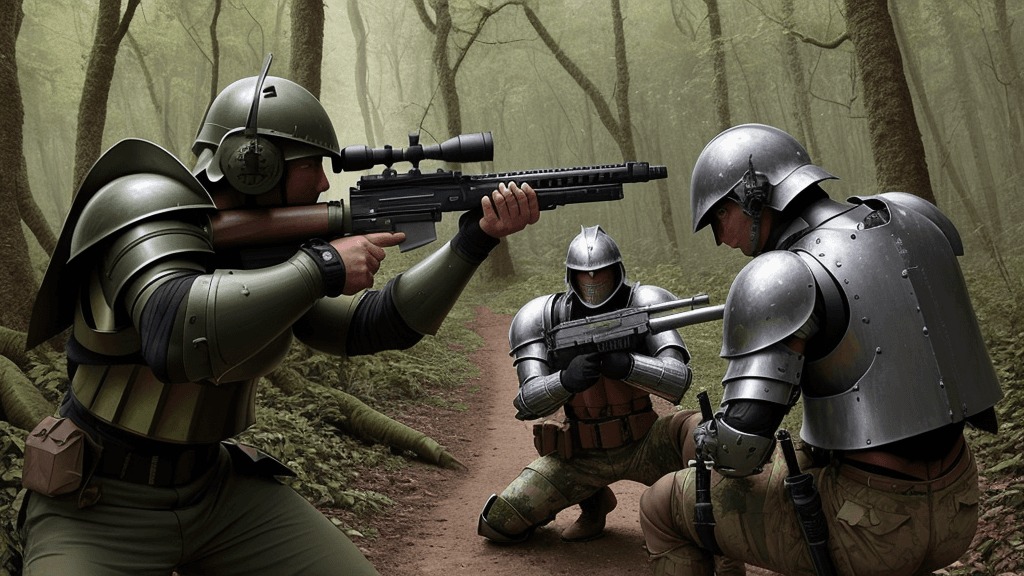 AI generated:  human male Armoured warriors shooting an old rifle in a forest
