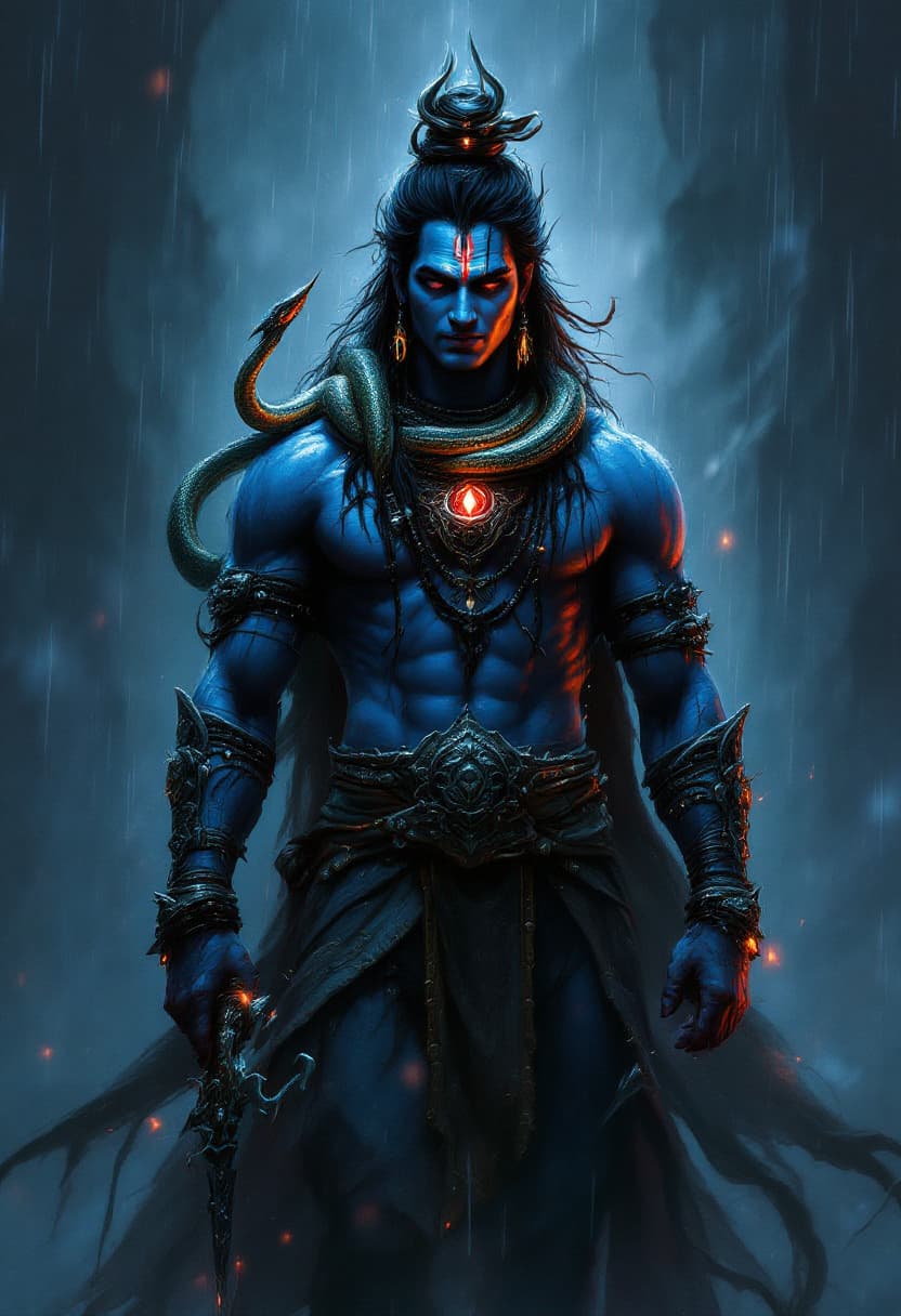 AI generated: digital wallpaper, Lord Shiva the warrion, cobra on his neck like a neckless, trishul in his hand, a...
