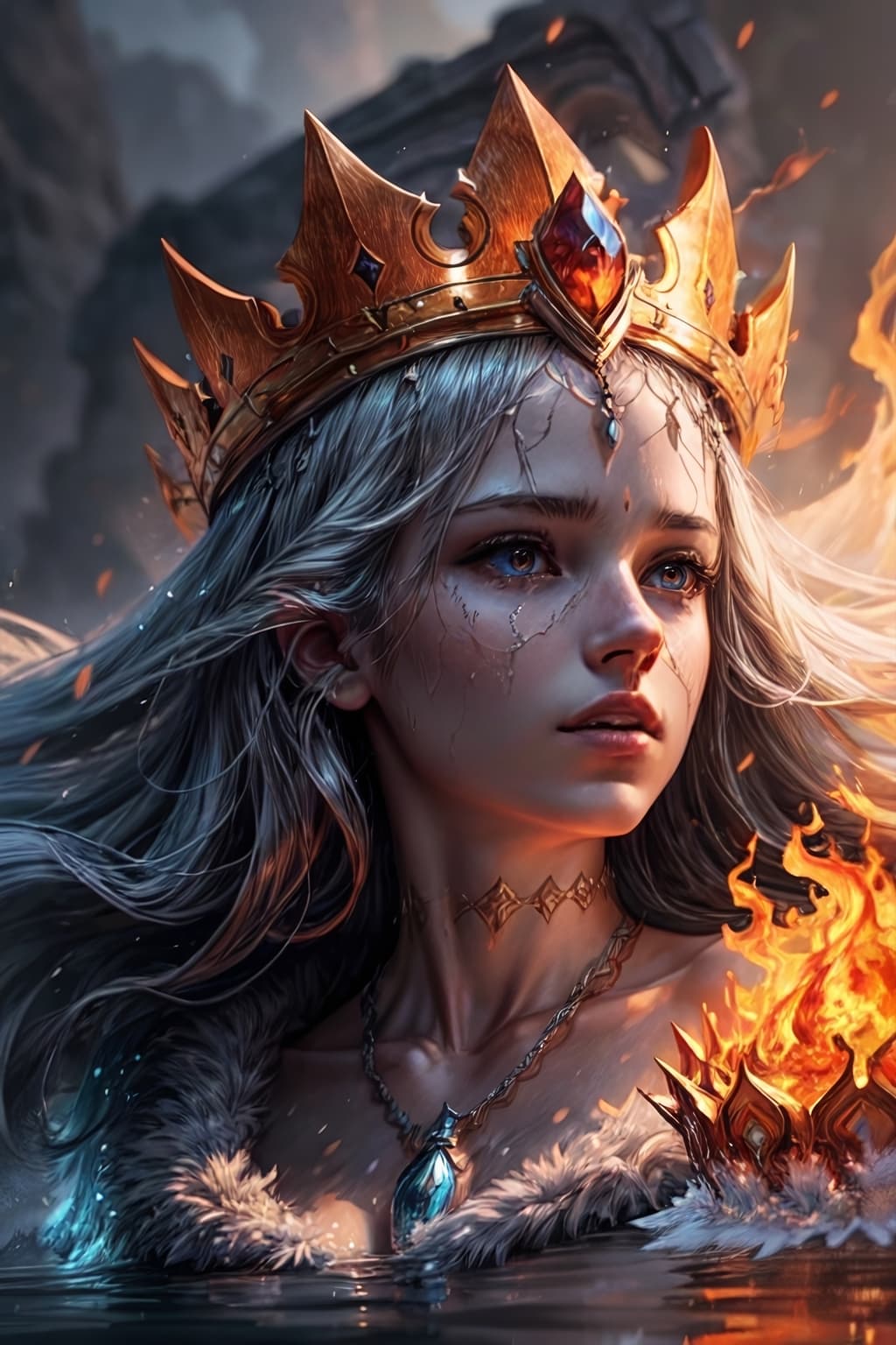 AI generated: queen of water character, crown made of flames, photorealistic, epic, dramatic lighting
