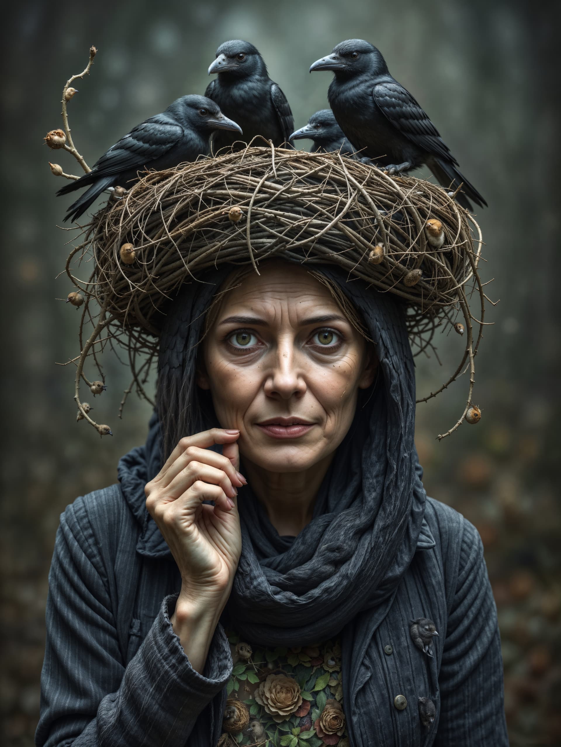 AI generated: surreal art depicting an old woman with a birds' nest on her head, the nest has mother crow feeding ...