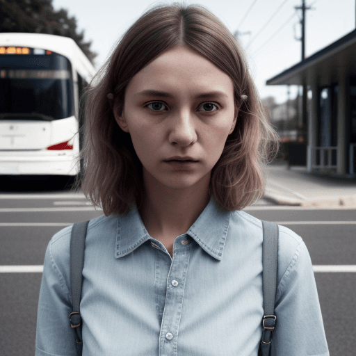 AI generated: a woman wearing a decent shirt and jeans standing in front of the bus stop, in the style of Oleg Opr...