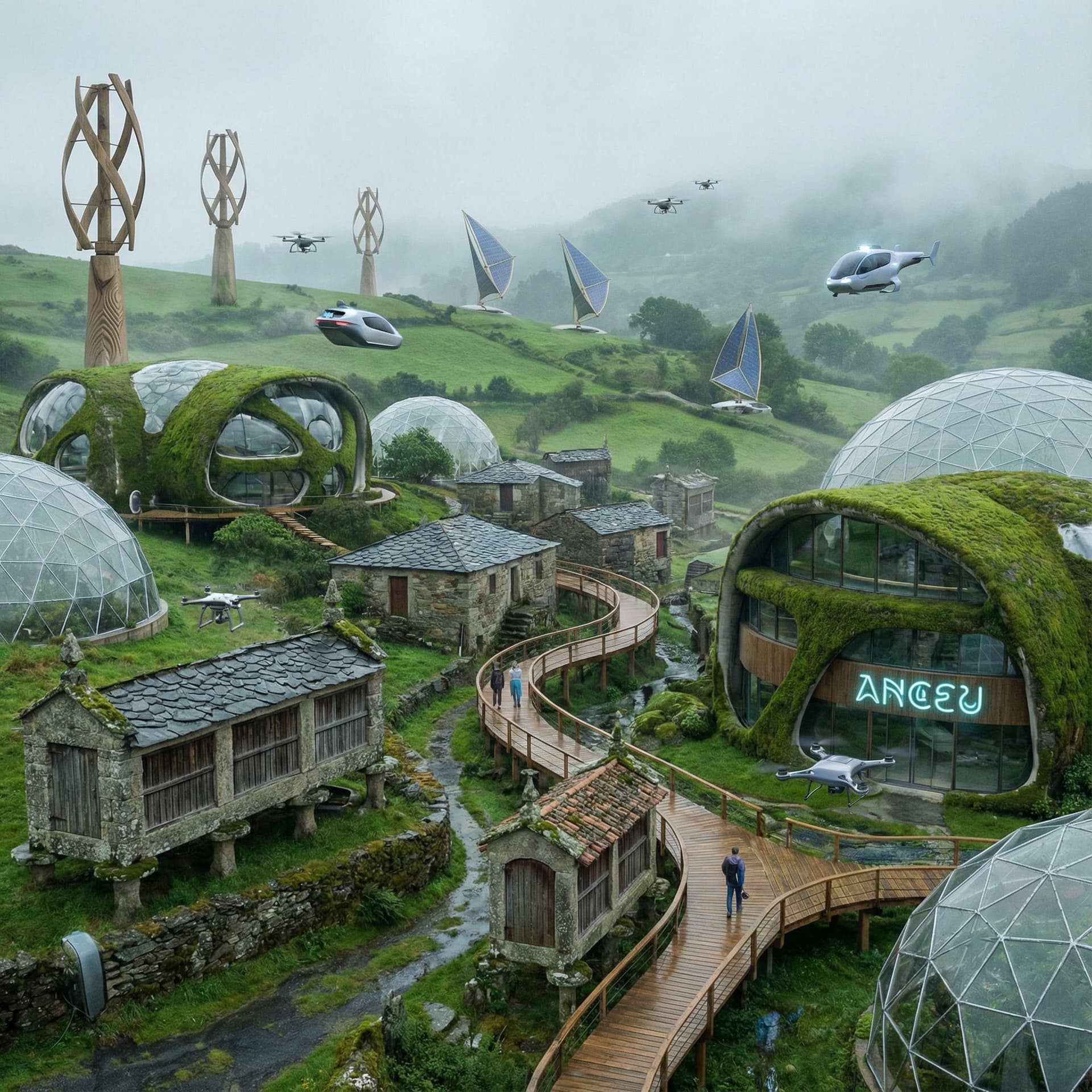 AI generated: Creame euna imagen futirista d euan aldea gallega como sera en el futuro, 2060 por ejemplo. utiliza ...