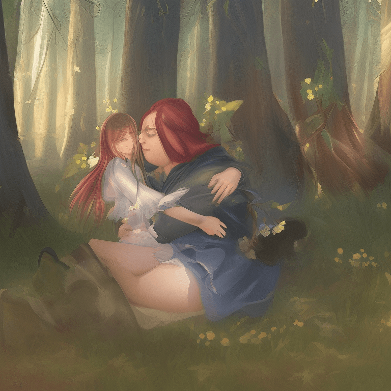 AI generated: a fat boy and a girl sitting together and hugging in a forest. girl has long flowing red hair. boy h...