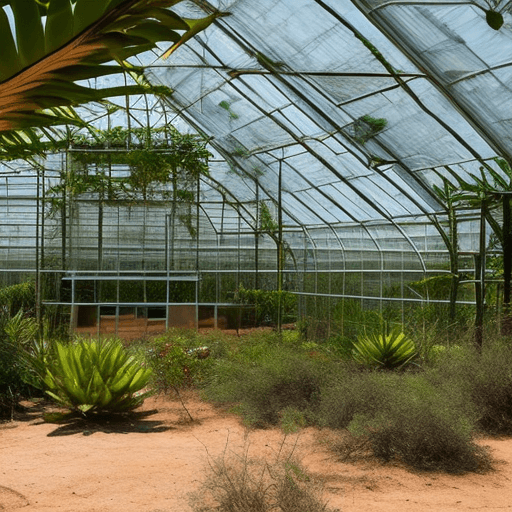 AI generated: Greenhouse structures with jungles inside in the desert 