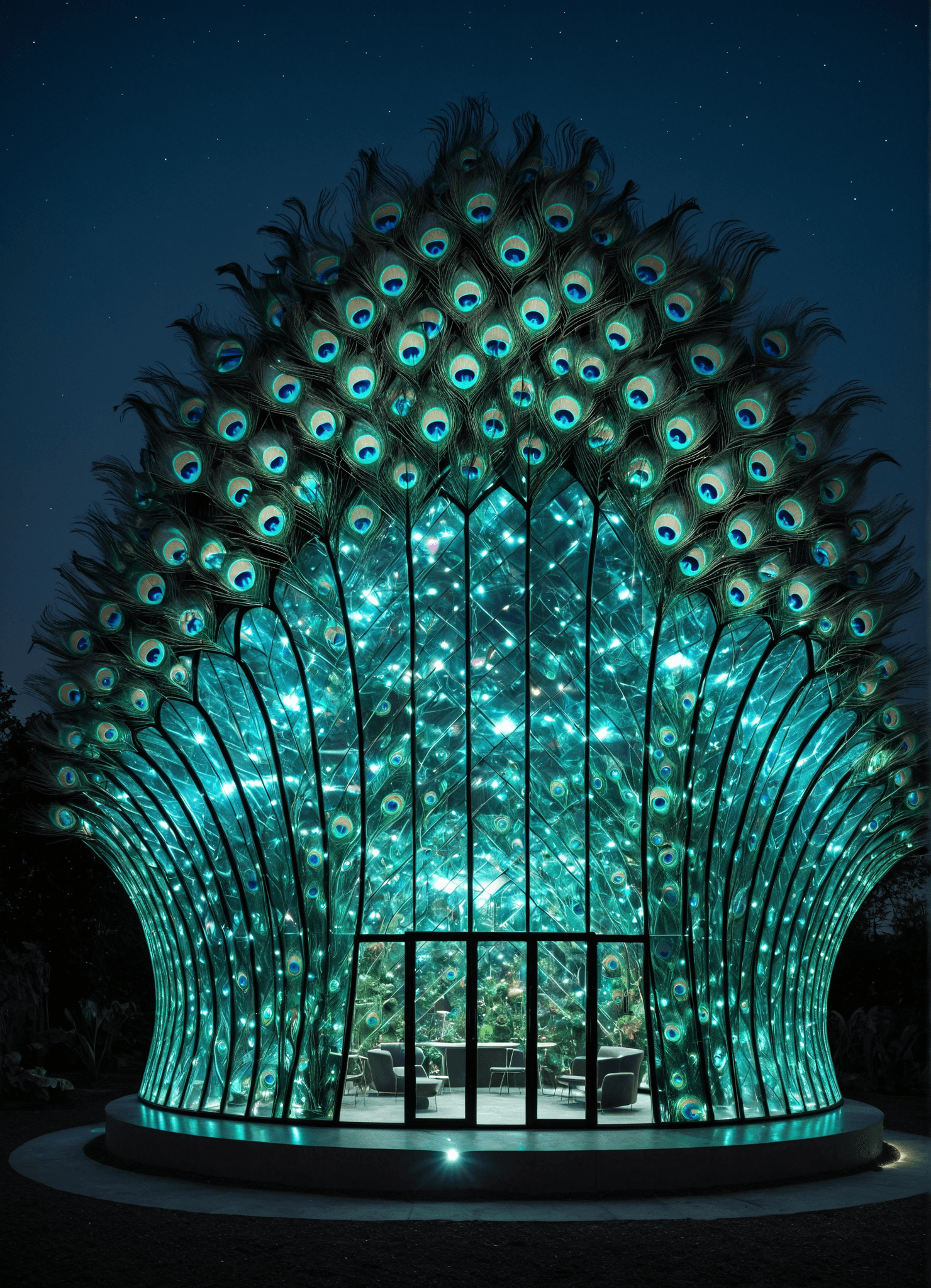 AI generated: <lora:Peacock_World_Morph_XL:1> futuristic greenhouse shaped like a peacock, glowing glass panels, S...