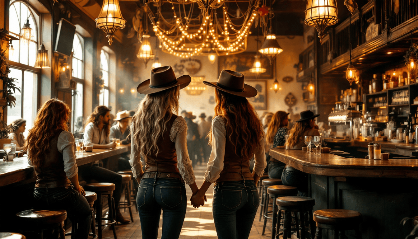 AI generated: wide view of a saloon. A Vibrant Old West saloon filled with lively patrons and lovely old west fema...