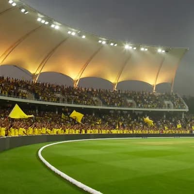 AI generated video: A hyper-realistic, wide-angle cinematic shot of the M.A. Chidambaram Cricket Stadium (Chepauk) in Ch...