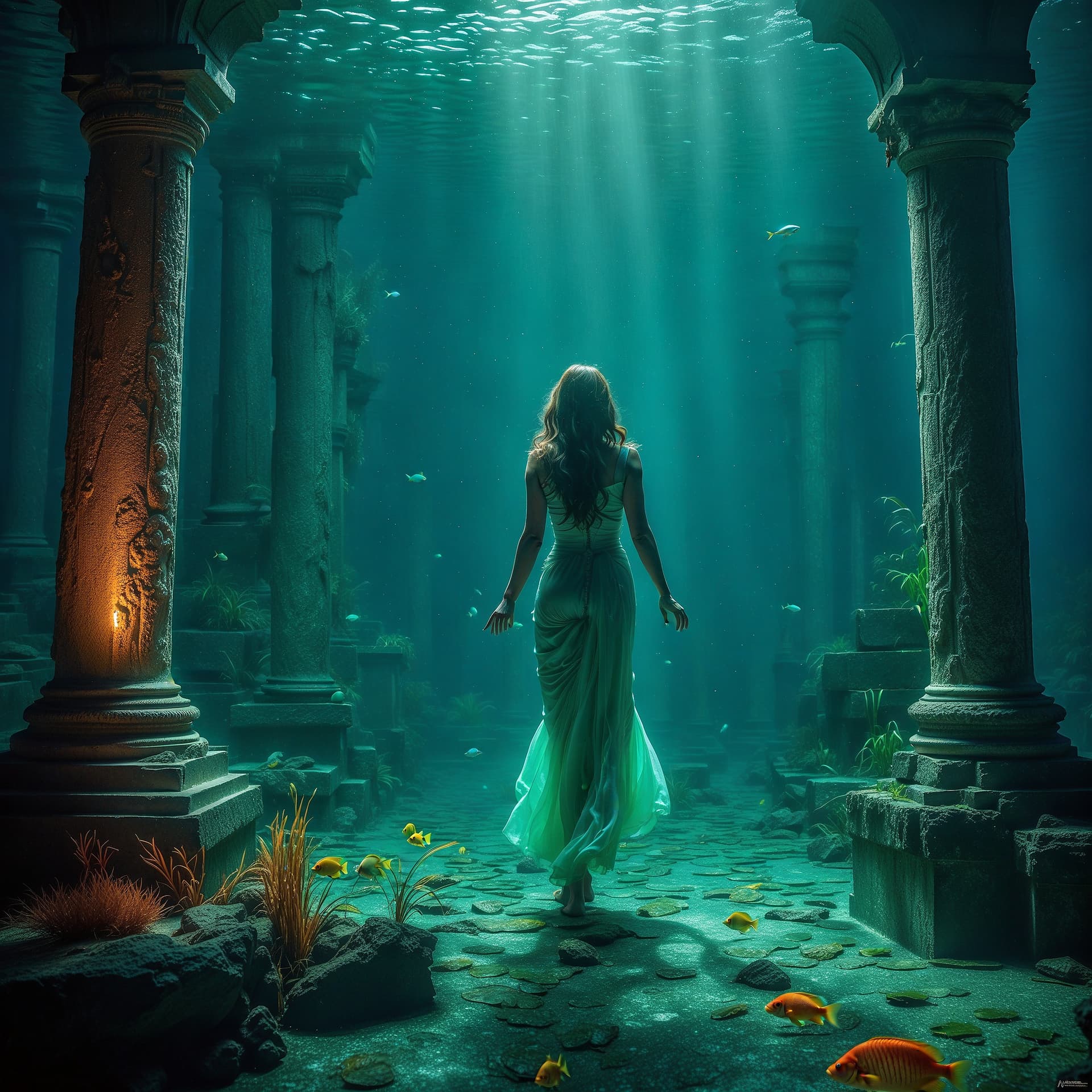 AI generated: epic wonderful colourful underwaterworld,mystique,ancient ruins,mermaids,air bubbles,dynamic lights,...