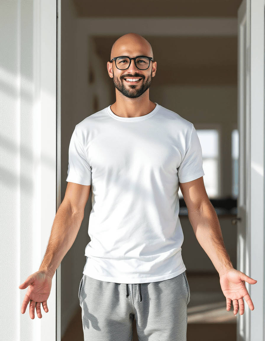 AI generated: Hyper-Realistic photo, handsome Caucasian bald man, clean face, clean shaved face, rounded rectangul...