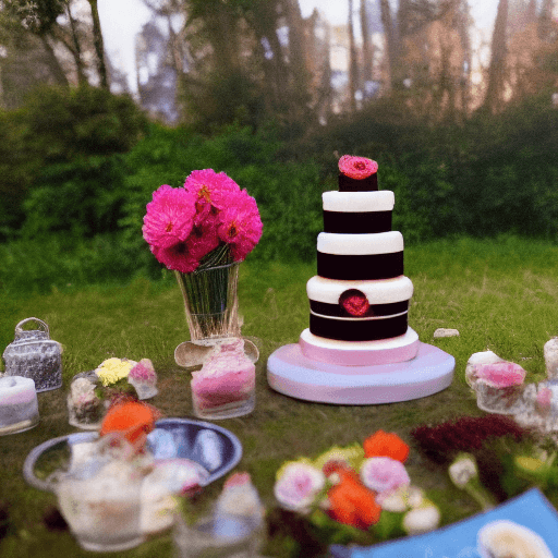 AI generated: there are many beautiful flowers in the background, there is a cake on the table, there are candles ...