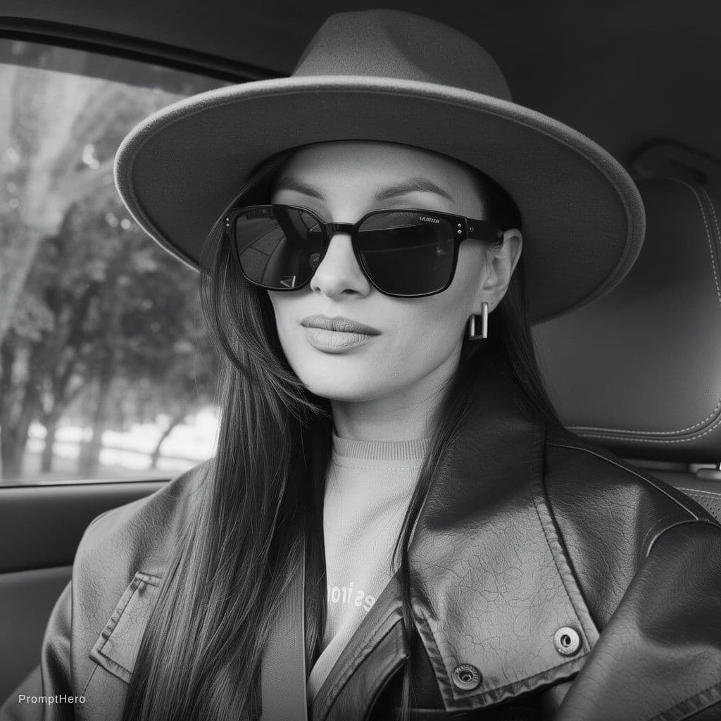 AI generated: woman in sunglasses and a hat. black and white image, in the style of vray tracing, precision in det...