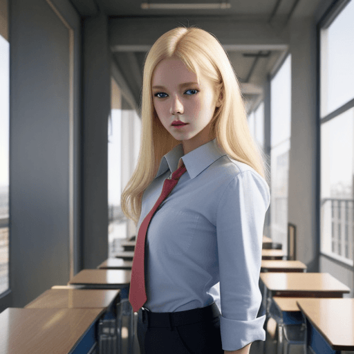 AI generated: a girl with blond hair and blue eyes standing in a school